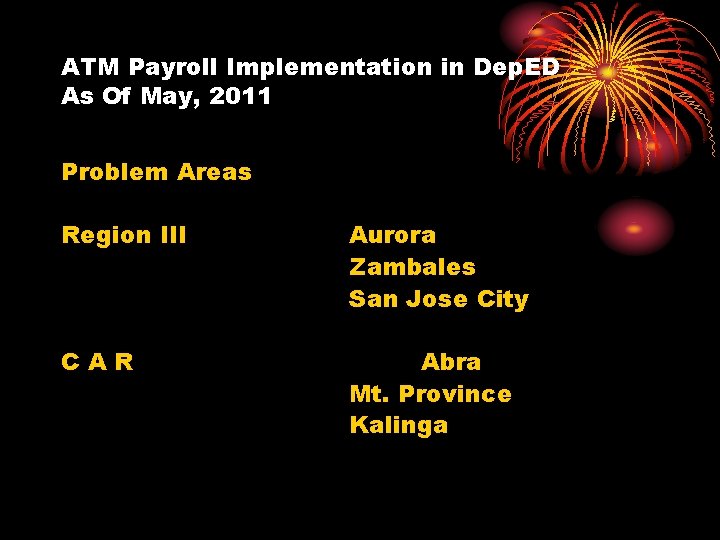 ATM Payroll Implementation in Dep. ED As Of May, 2011 Problem Areas Region III