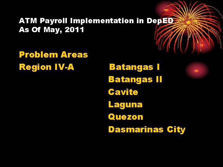 ATM Payroll Implementation in Dep. ED As Of May, 2011 Problem Areas Region IV-A