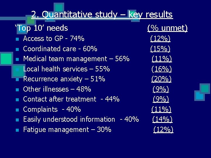 2. Quantitative study – key results ‘Top 10’ needs n n n n n