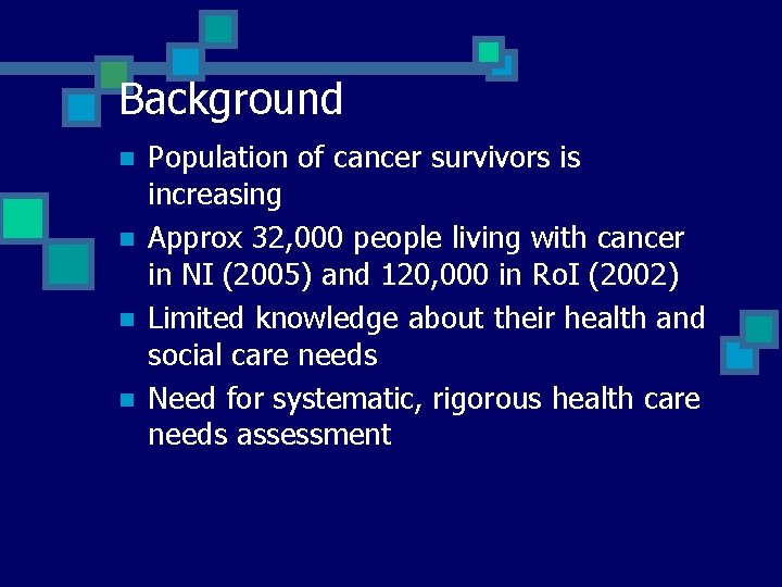 Background n n Population of cancer survivors is increasing Approx 32, 000 people living