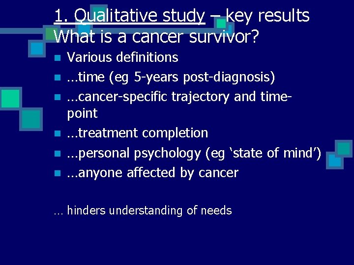 1. Qualitative study – key results What is a cancer survivor? n n n