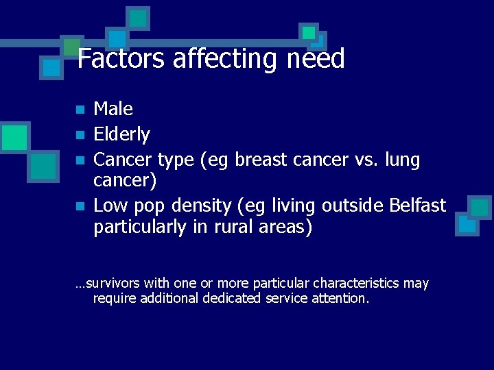 Factors affecting need n n Male Elderly Cancer type (eg breast cancer vs. lung