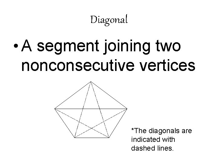 Diagonal • A segment joining two nonconsecutive vertices *The diagonals are indicated with dashed