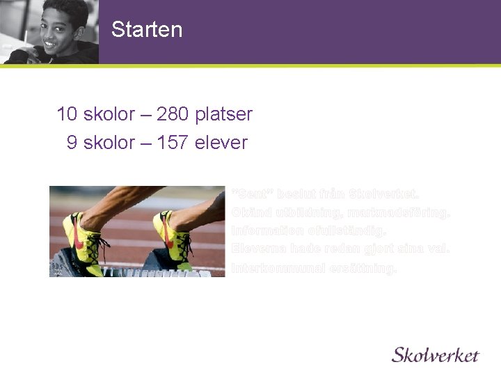 Starten 10 skolor – 280 platser 9 skolor – 157 elever ”Sent” beslut från
