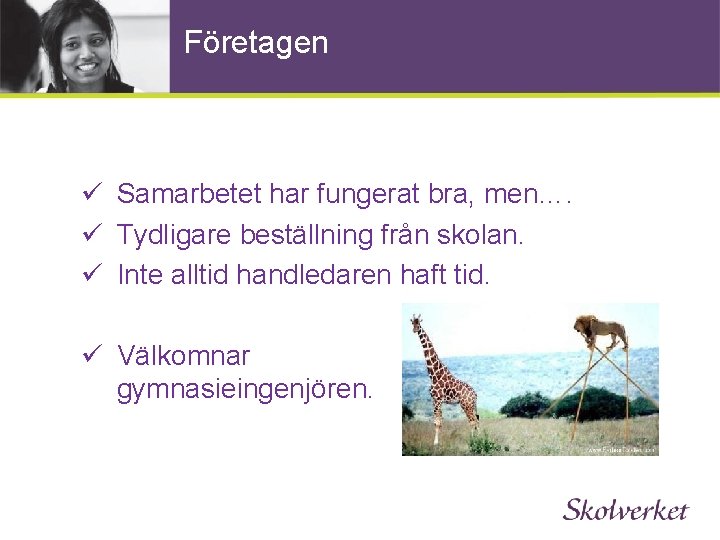 Företagen ü Samarbetet har fungerat bra, men…. ü Tydligare beställning från skolan. ü Inte