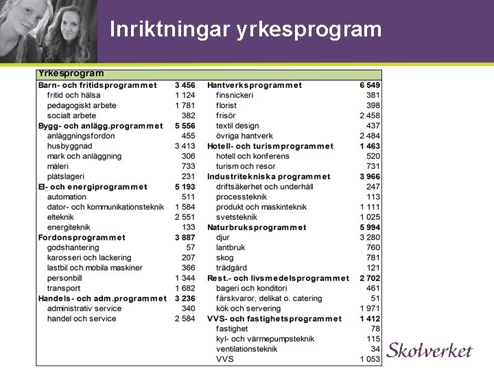 Inriktningar yrkesprogram 