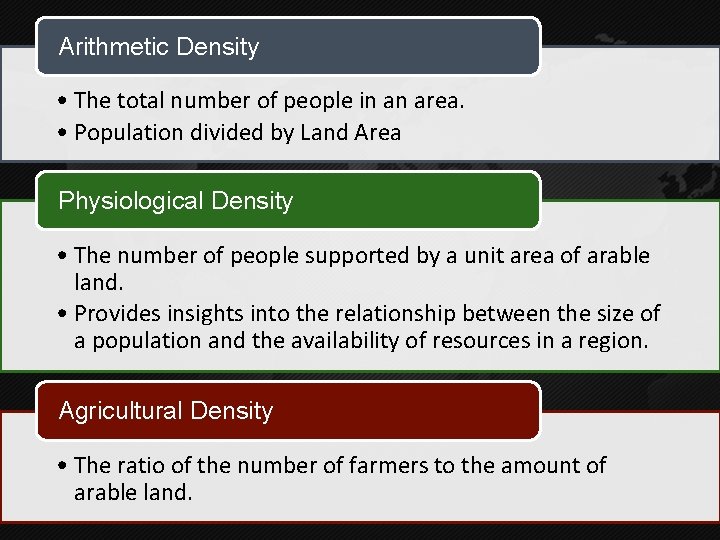 Arithmetic Density • The total number of people in an area. • Population divided