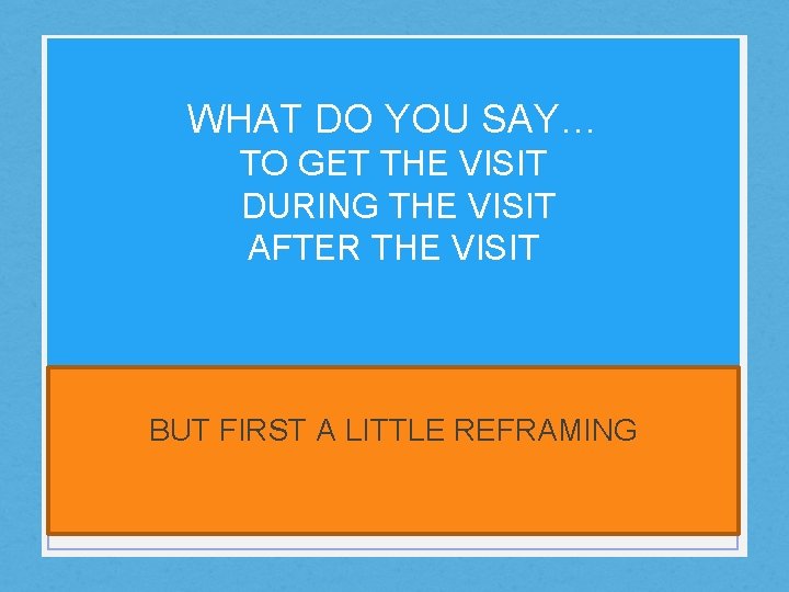 WHAT DO YOU SAY… TO GET THE VISIT DURING THE VISIT AFTER THE VISIT