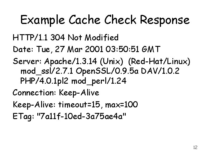 Example Cache Check Response HTTP/1. 1 304 Not Modified Date: Tue, 27 Mar 2001