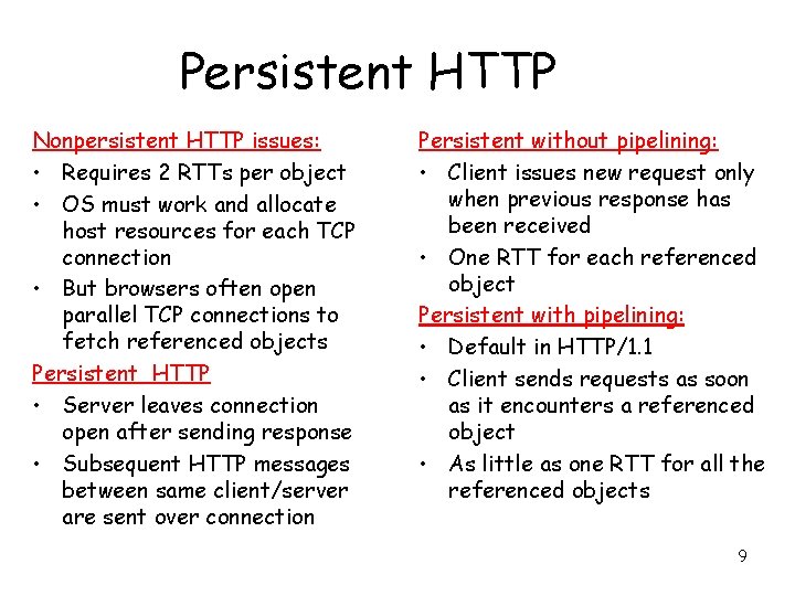 Persistent HTTP Nonpersistent HTTP issues: • Requires 2 RTTs per object • OS must