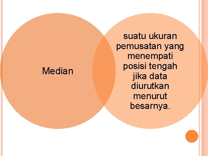 Median suatu ukuran pemusatan yang menempati posisi tengah jika data diurutkan menurut besarnya. 