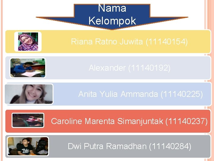 Nama Kelompok Riana Ratno Juwita (11140154) Alexander (11140192) Anita Yulia Ammanda (11140225) Caroline Marenta
