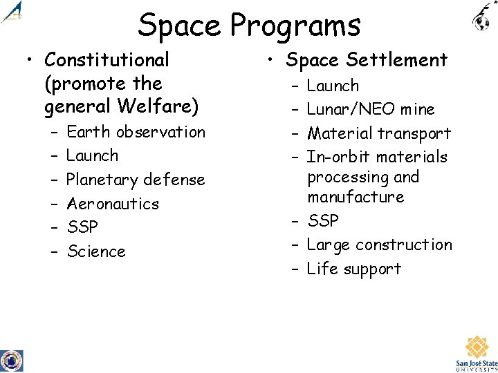 Space Programs • Constitutional (promote the general Welfare) – – – Earth observation Launch