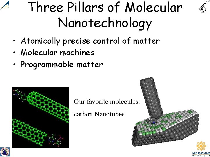 Three Pillars of Molecular Nanotechnology • Atomically precise control of matter • Molecular machines