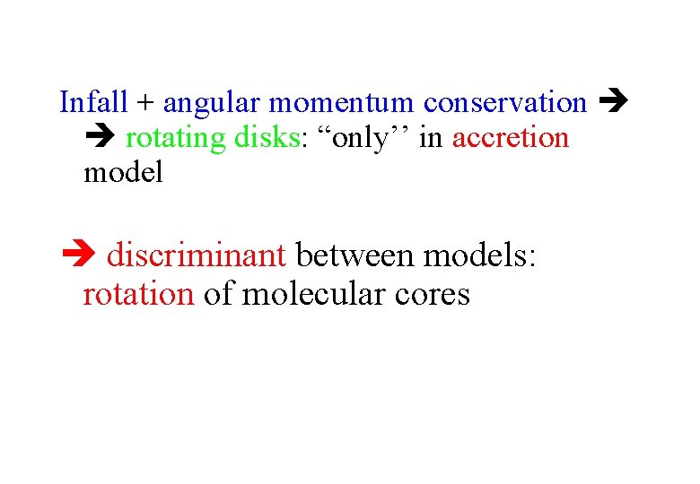 Infall + angular momentum conservation rotating disks: “only’’ in accretion model discriminant between models: