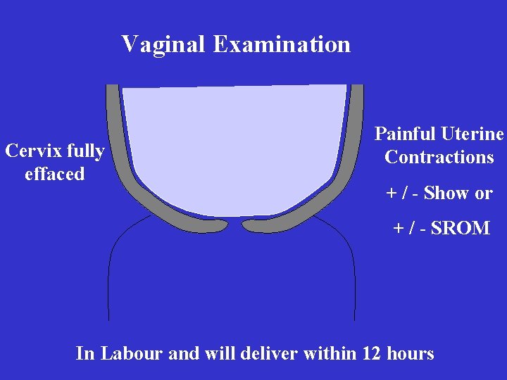 Vaginal Examination Cervix fully effaced Painful Uterine Contractions + / - Show or +