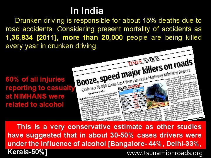  In India Drunken driving is responsible for about 15% deaths due to road