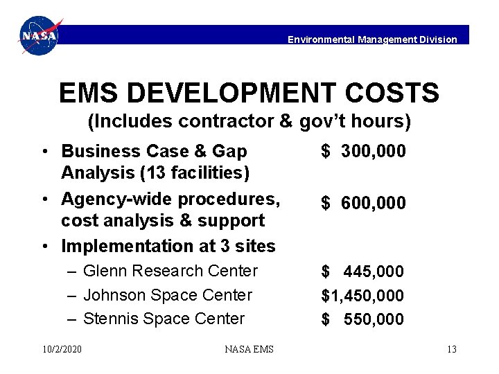 Environmental Management Division EMS DEVELOPMENT COSTS (Includes contractor & gov’t hours) • Business Case
