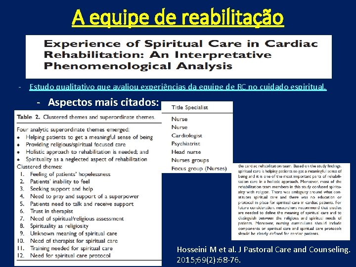 A equipe de reabilitação - Estudo qualitativo que avaliou experiências da equipe de RC