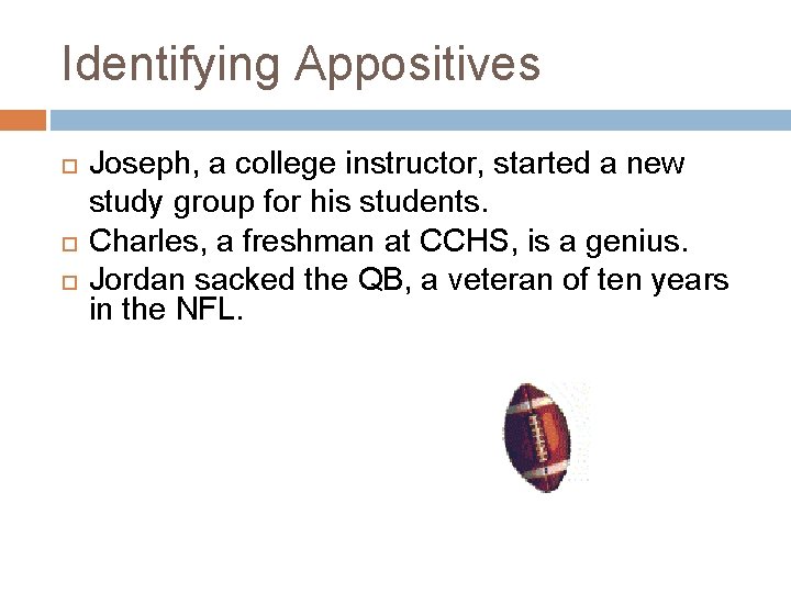 Identifying Appositives Joseph, a college instructor, started a new study group for his students.