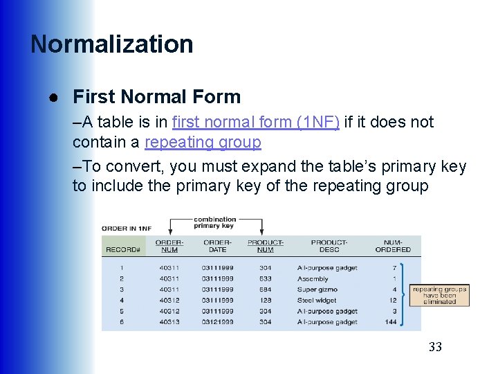 Normalization ● First Normal Form –A table is in first normal form (1 NF)