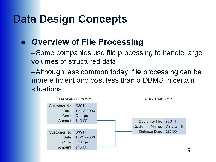 Data Design Concepts ● Overview of File Processing –Some companies use file processing to