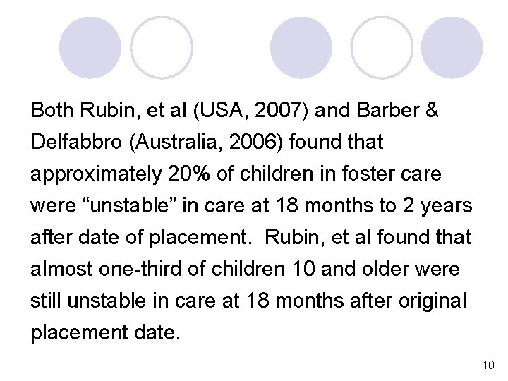 Both Rubin, et al (USA, 2007) and Barber & Delfabbro (Australia, 2006) found that