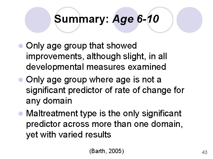 Summary: Age 6 -10 Only age group that showed improvements, although slight, in all