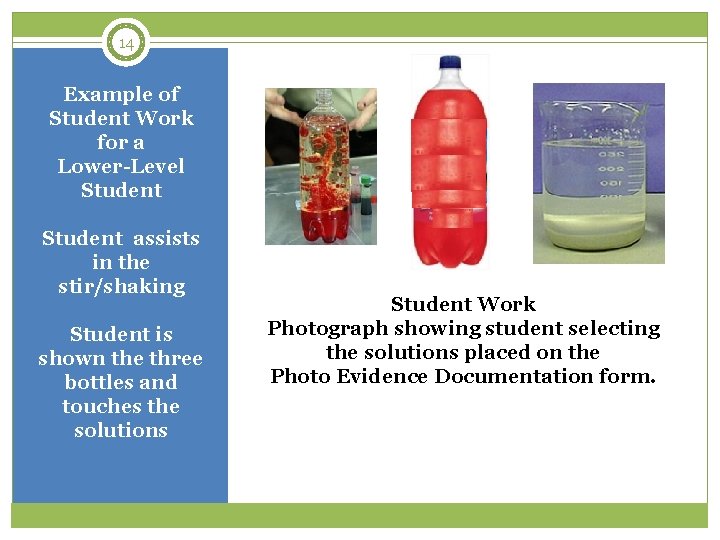 14 Example of Student Work for a Lower-Level Student assists in the stir/shaking Student