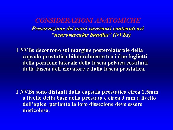 CONSIDERAZIONI ANATOMICHE Preservazione dei nervi cavernosi contenuti nei “neurovascular bundles” (NVBs) I NVBs decorrono