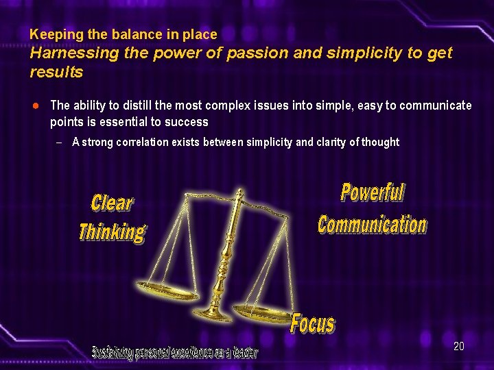Keeping the balance in place Harnessing the power of passion and simplicity to get