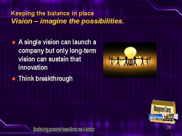 Keeping the balance in place Vision – imagine the possibilities. ● A single vision