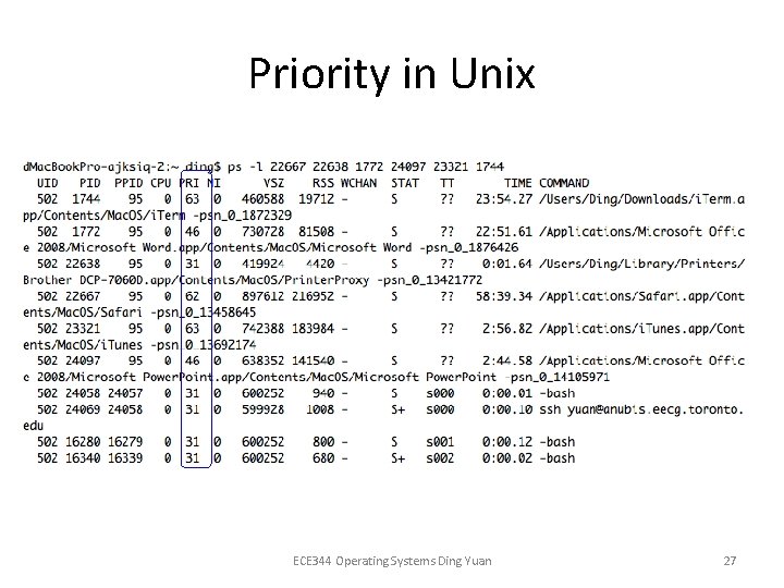 Priority in Unix ECE 344 Operating Systems Ding Yuan 27 