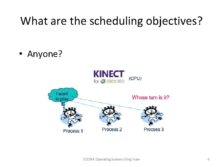 What are the scheduling objectives? • Anyone? ECE 344 Operating Systems Ding Yuan 6