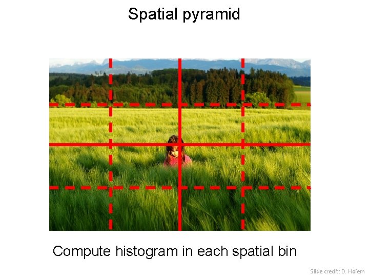 Spatial pyramid Compute histogram in each spatial bin Slide credit: D. Hoiem 