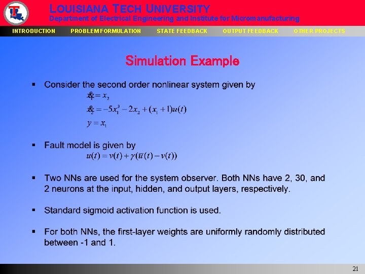 LOUISIANA TECH UNIVERSITY Department of Electrical Engineering and Institute for Micromanufacturing INTRODUCTION PROBLEM FORMULATION