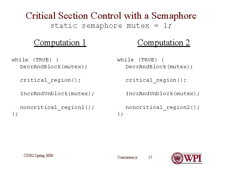 Critical Section Control with a Semaphore static semaphore mutex = 1; Computation 1 Computation