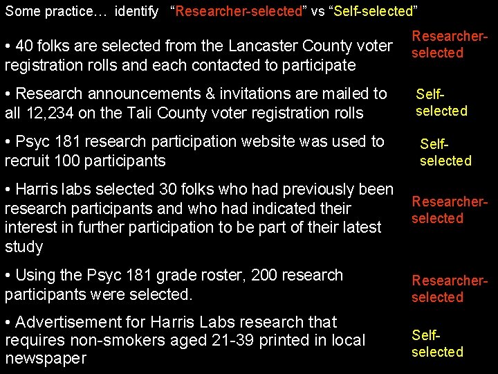 Some practice… identify “Researcher-selected” vs “Self-selected” • 40 folks are selected from the Lancaster