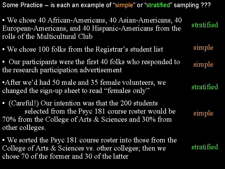 Some Practice -- is each an example of “simple” or “stratified” sampling ? ?