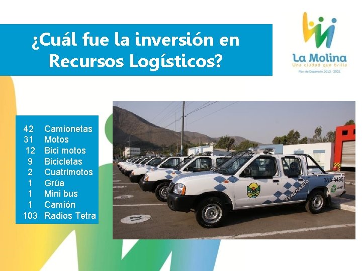 ¿Cuál fue la inversión en Recursos Logísticos? 42 31 12 9 2 1 103