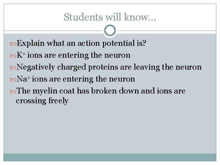 Students will know… Explain what an action potential is? K+ ions are entering the