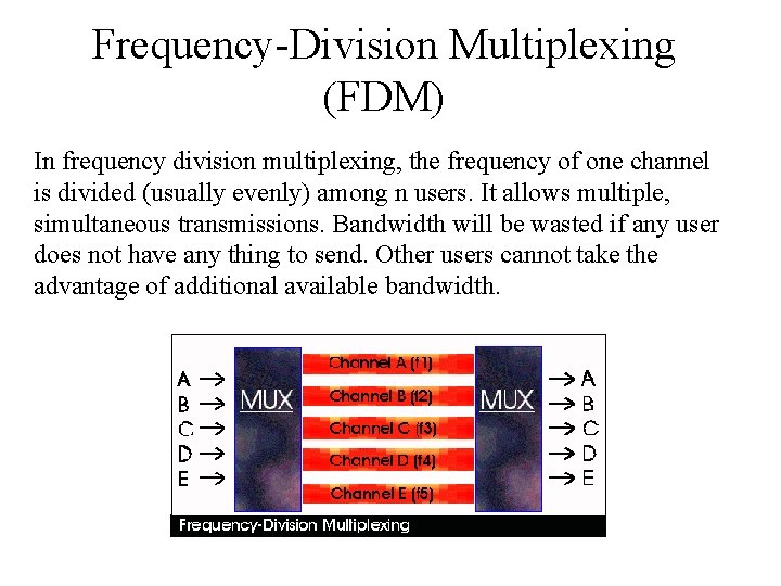 Frequency-Division Multiplexing (FDM) In frequency division multiplexing, the frequency of one channel is divided
