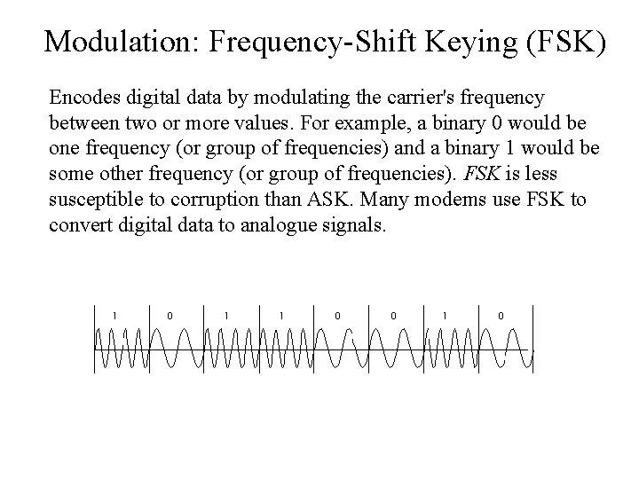 Modulation: Frequency-Shift Keying (FSK) Encodes digital data by modulating the carrier's frequency between two