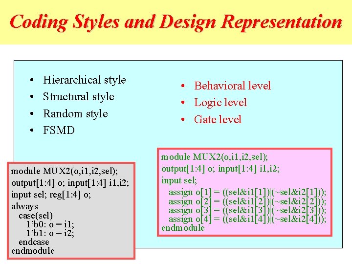 Coding Styles and Design Representation • • Hierarchical style Structural style Random style FSMD