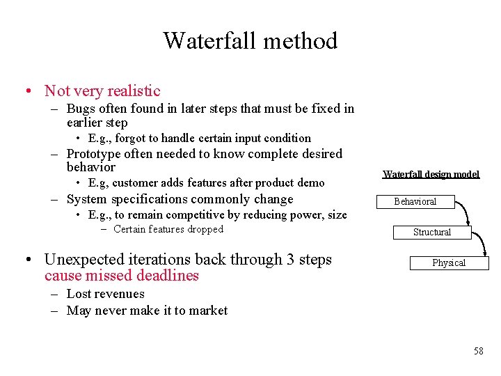 Waterfall method • Not very realistic – Bugs often found in later steps that