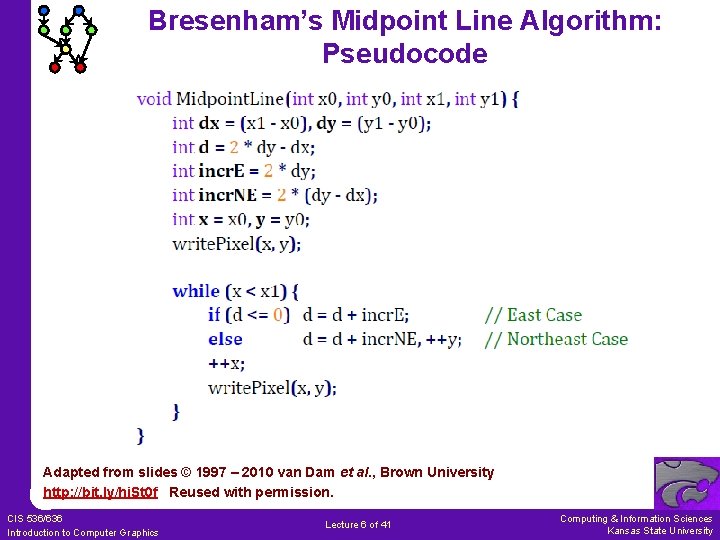Bresenham’s Midpoint Line Algorithm: Pseudocode Adapted from slides © 1997 – 2010 van Dam Bresenham’s Midpoint Line Algorithm: Pseudocode Adapted from slides © 1997 – 2010 van Dam