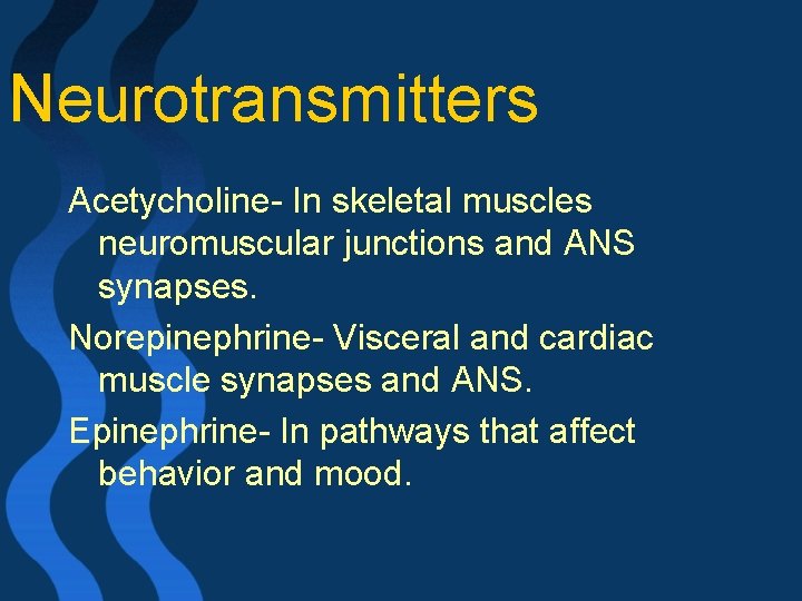 Neurotransmitters Acetycholine- In skeletal muscles neuromuscular junctions and ANS synapses. Norepinephrine- Visceral and cardiac