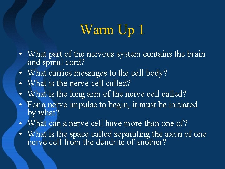 Warm Up 1 • What part of the nervous system contains the brain and