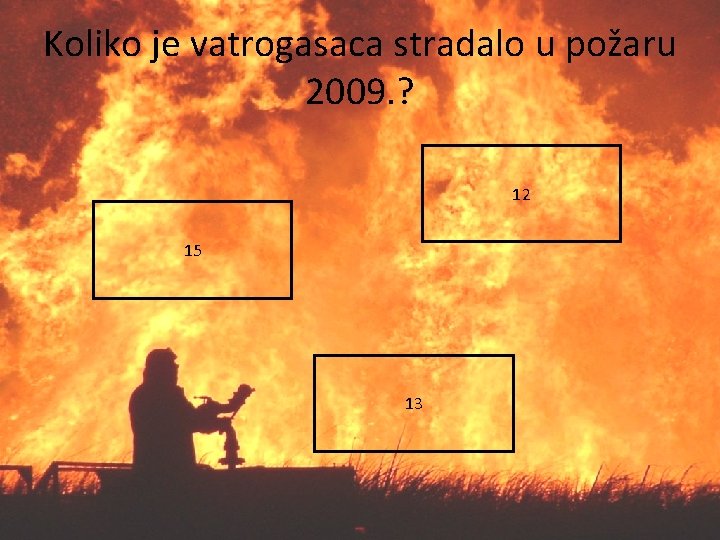 Koliko je vatrogasaca stradalo u požaru 2009. ? 12 15 13 