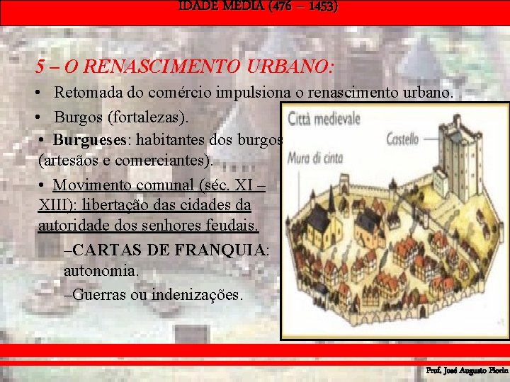 IDADE MÉDIA (476 – 1453) 5 – O RENASCIMENTO URBANO: • Retomada do comércio